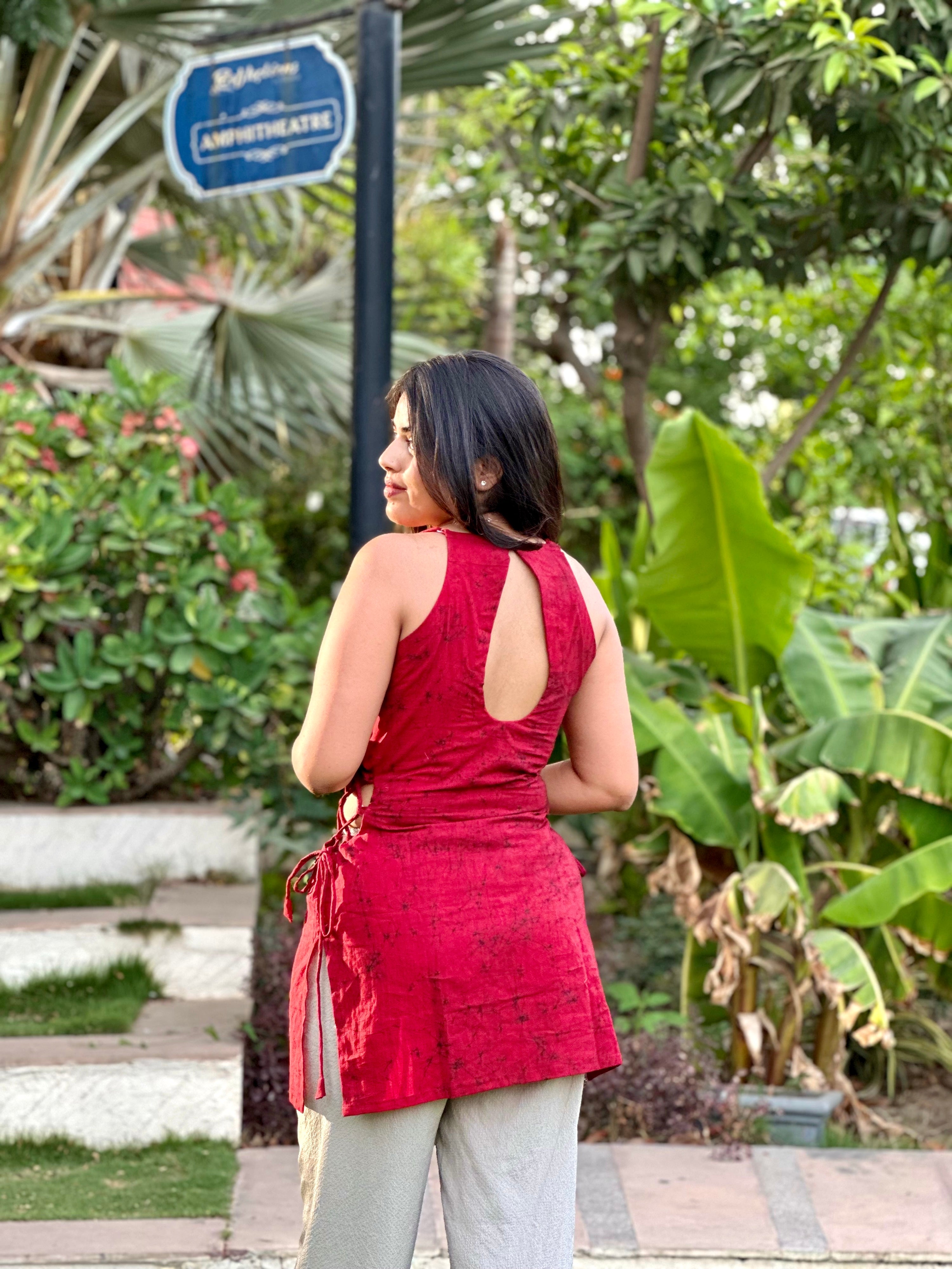 Rust Red Kurti with Lace-Up Sides