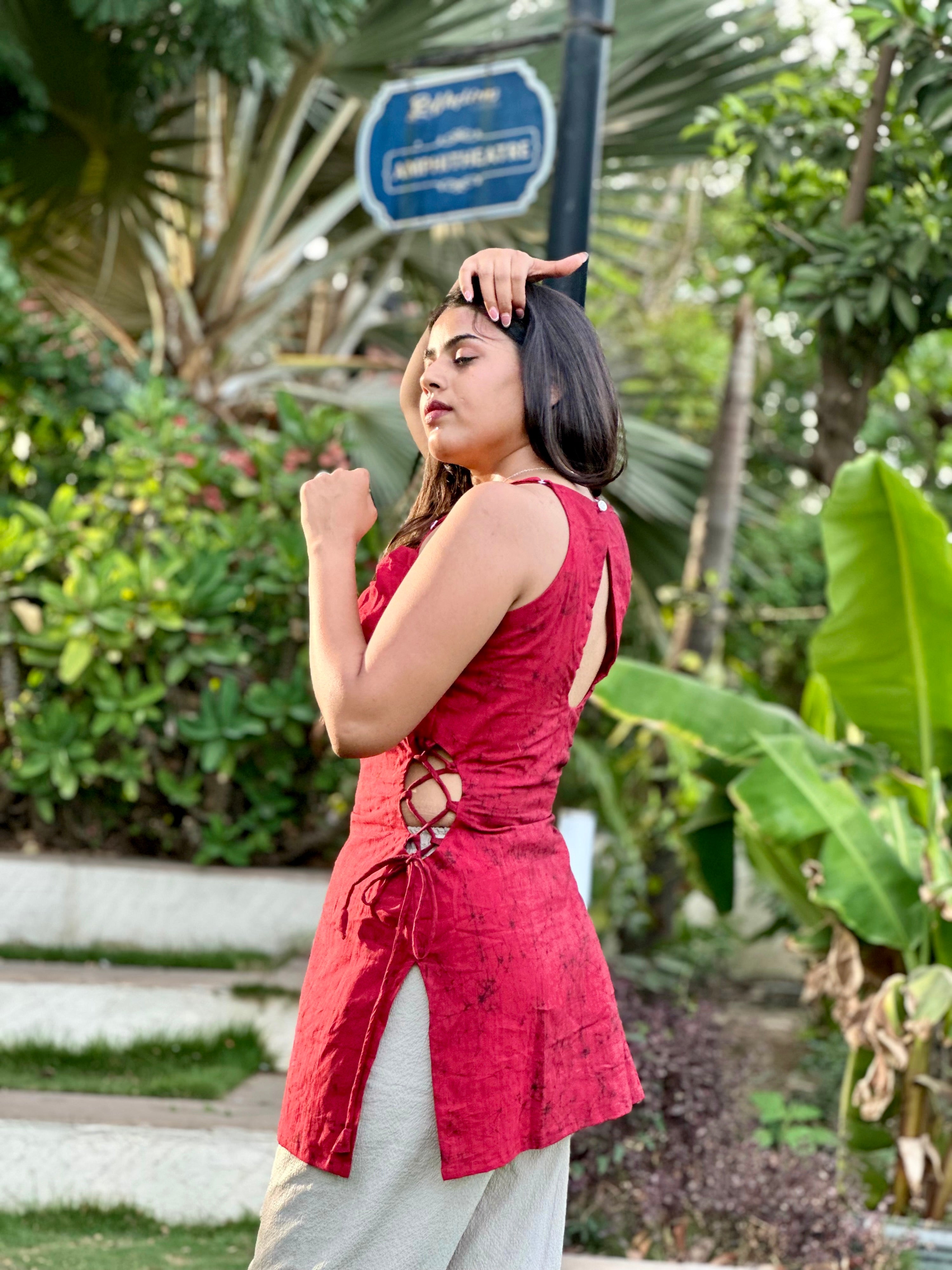 Rust Red Kurti with Lace-Up Sides