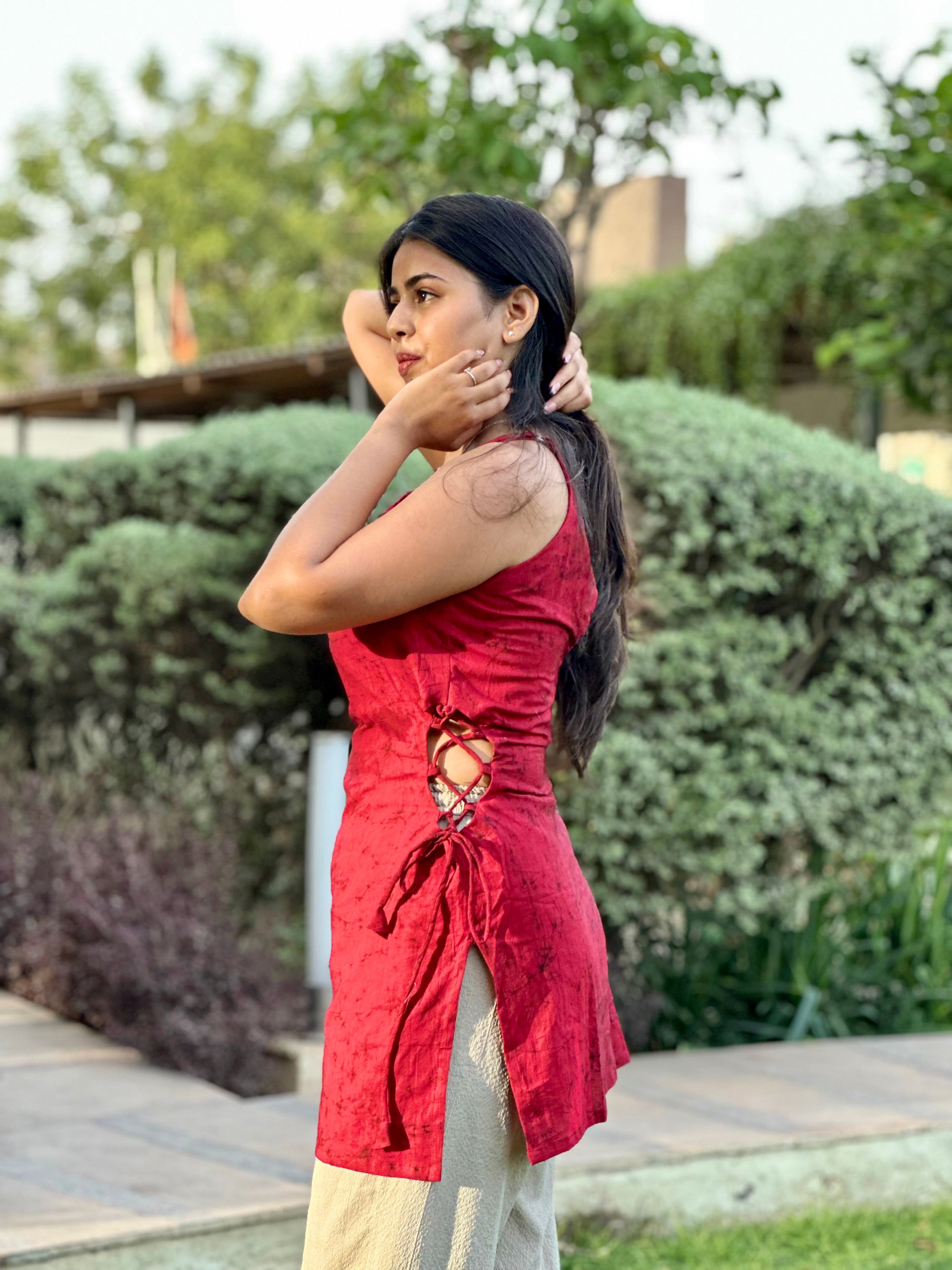 Rust Red Kurti with Lace-Up Sides