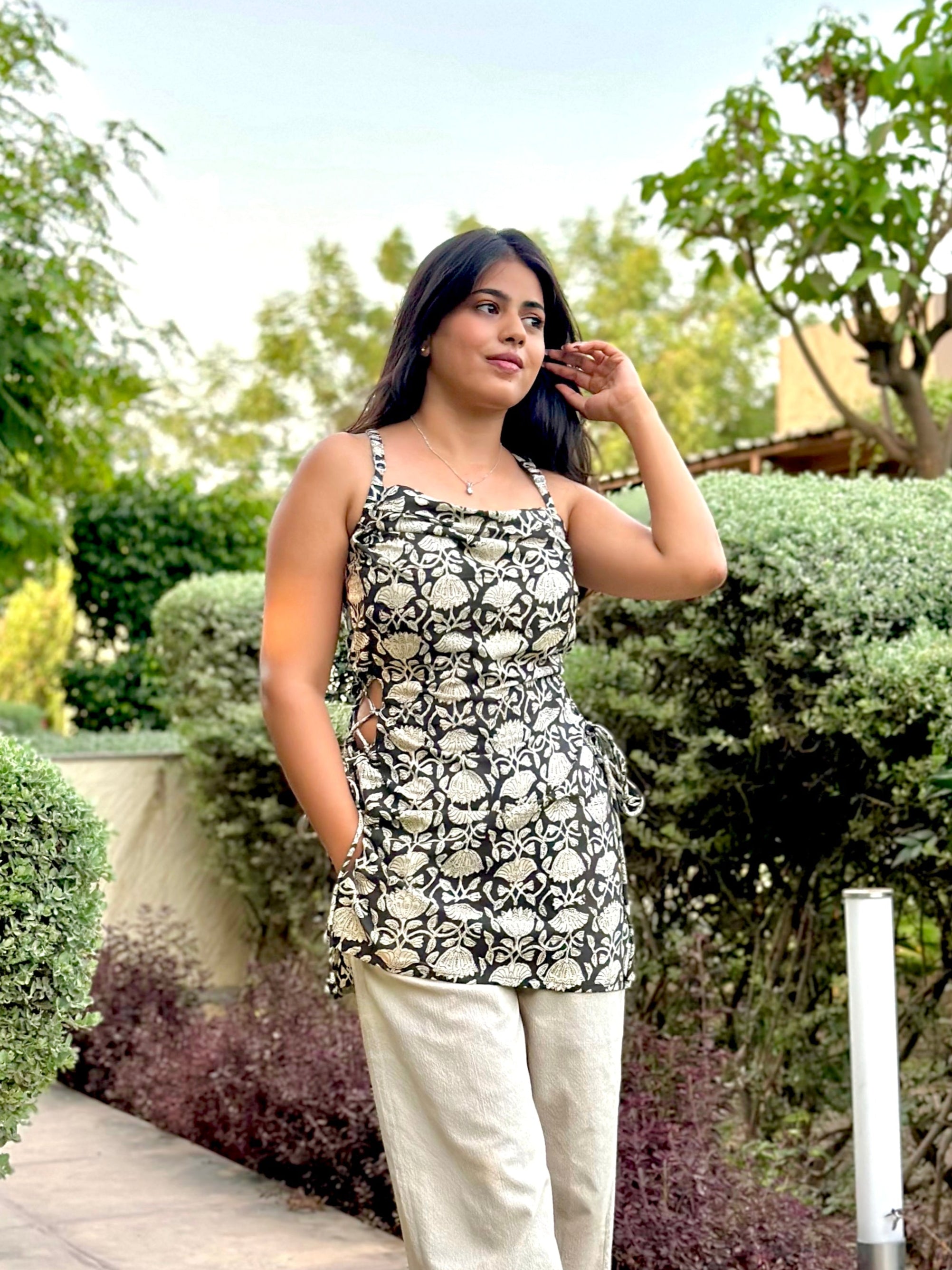 Botanical Print with Lace-Up Sides Kurti