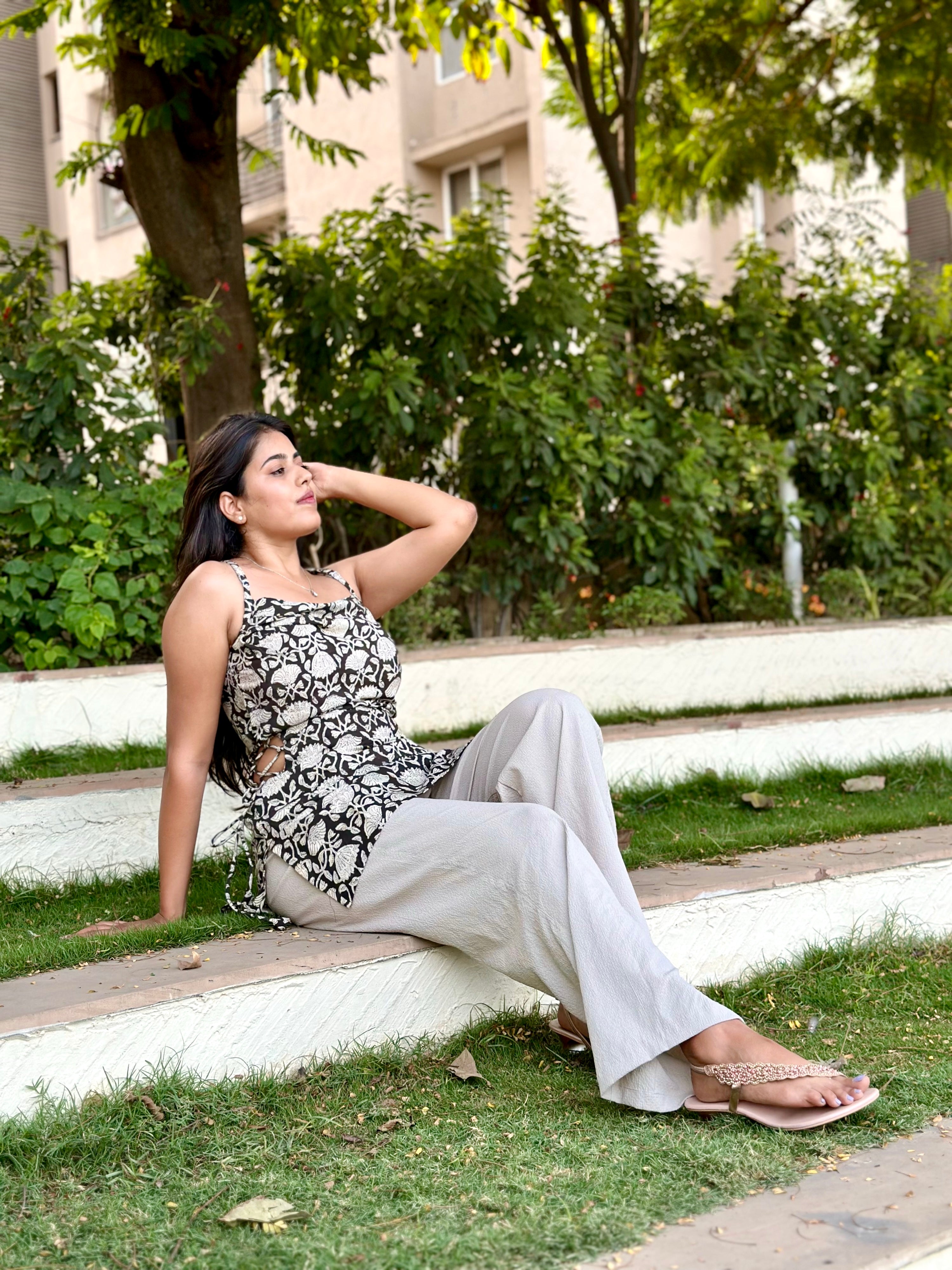 Botanical Print with Lace-Up Sides Kurti