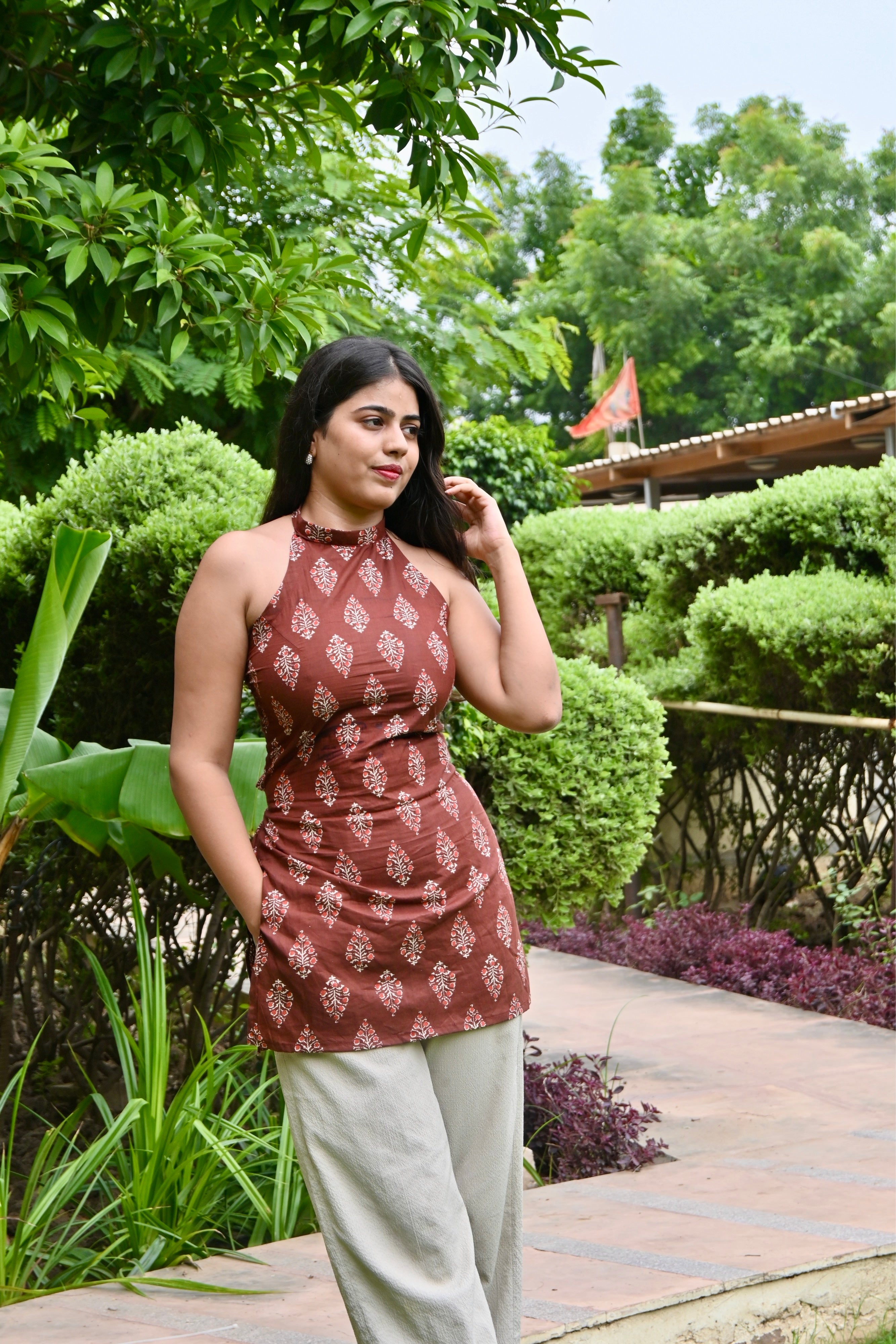 Terracotta Bloom Halter Kurti – Back Tie